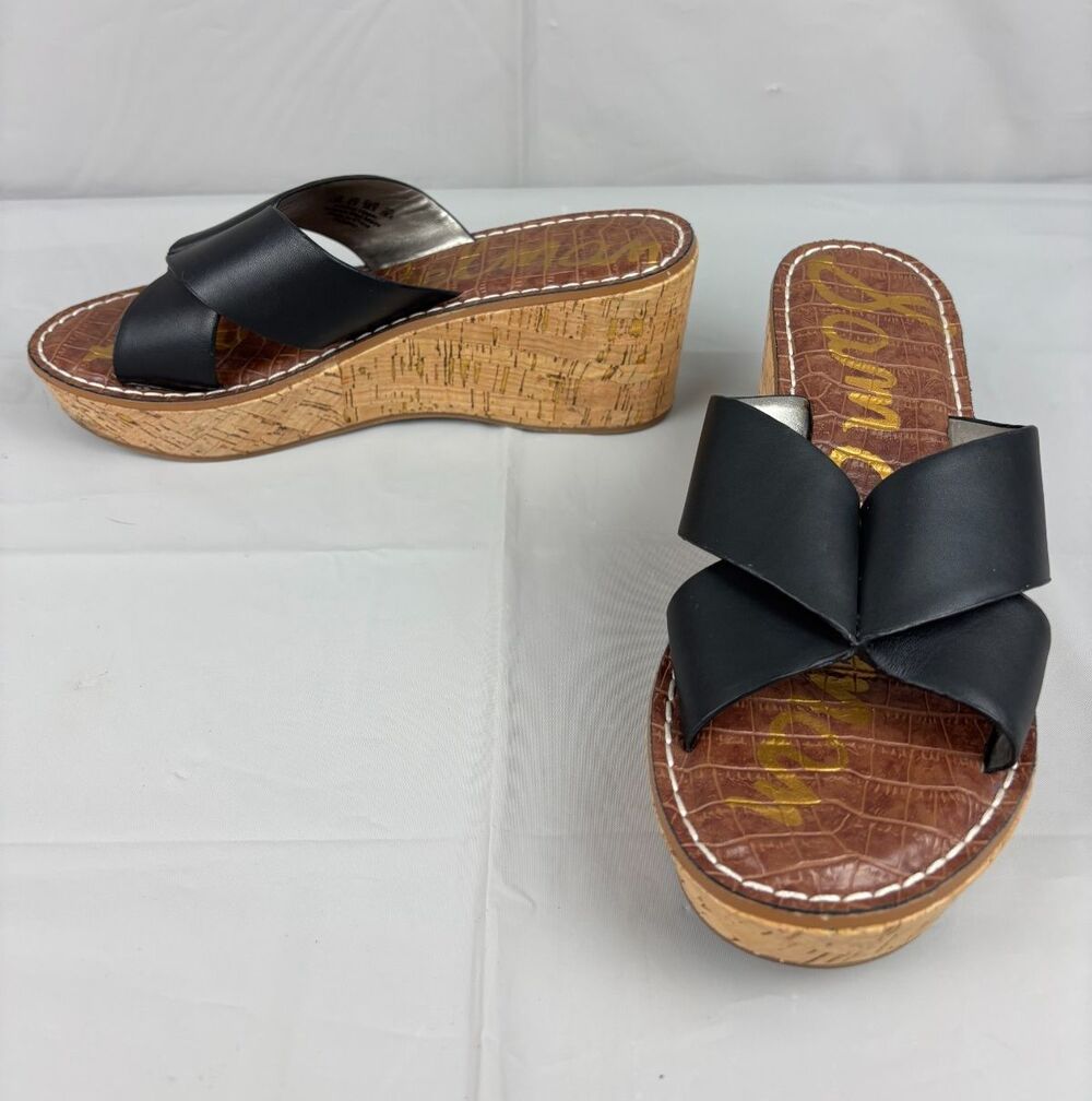SAM EDELMAN Remini Leather Slide Cork Wedge Sandals Size 8.5 M Black Slip On